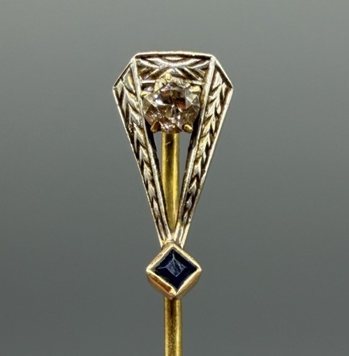 Vintage 14K Yellow Gold Diamond Sapphire Stick Pin Lapel Hat Estate 1.46g