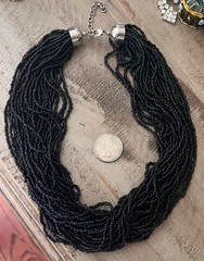 Vintage Black Glass Seed Bead Multi Layered Silver Clasp 18” Statement Necklace