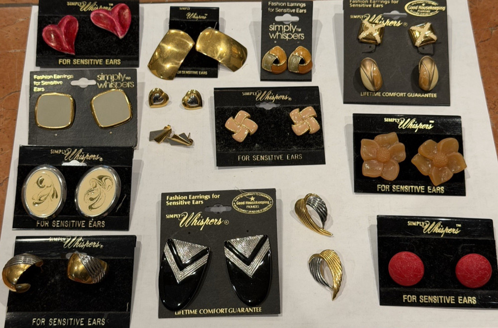SIMPLY WHISPER VINTAGE 1980 GLAM ERA ENAMEL GOLD LUCITE EARRINGS LOT 15 PAIR NEW