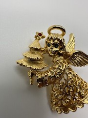 Antique Gold Angel Christmas Tree Blue Rhinestone Brooch 4.5cm BB2