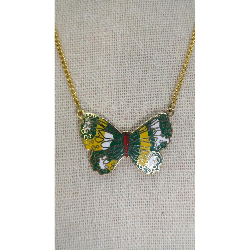 Vintage enamel butterfly necklace gold marked Taiwan cloisonne