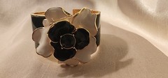 KJL Kenneth Jay Lane Flower Hinged Black & White Enamel & Rhinestone Bracelet