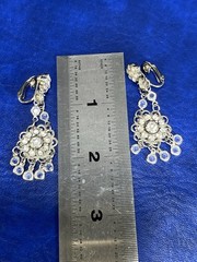 Vtg Silvertone Rhinestone Chandelier Flower Dangle Drop Clip On Estate Earrings