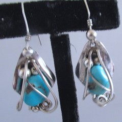LADDA BIHLER SILVERSMITH STERLING EARRINGS w TURQUOISE, 2 1/8 INCHES, 12 GRAMS