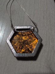 Silver Tone Hexagon Amber Foil Glass Pendant Necklace Boho Artisan Beaded