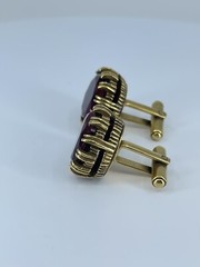Red Glass cufflinks Faceted round prong set open gold tone 1-1/8″