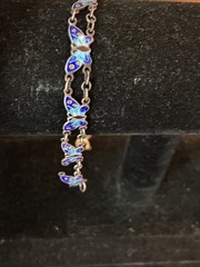 Vtg FAS Sterling Silver SET Enamel Linked Butterfly Bracelet & Necklace Blue