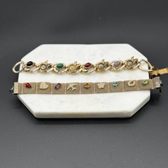 Lot of 2 Vintage Victorian Revival 8 Panel & Mesh Charm Bracelet Estate Jewelry