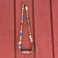 Vintage Boho Beaded Necklace Painted Glass Carved Wood Shell Metal Beads