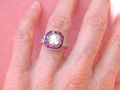 Art Deco Style 2Ct Lab-Created Diamond Ruby Halo Cocktail Ring 14k White Gold FN