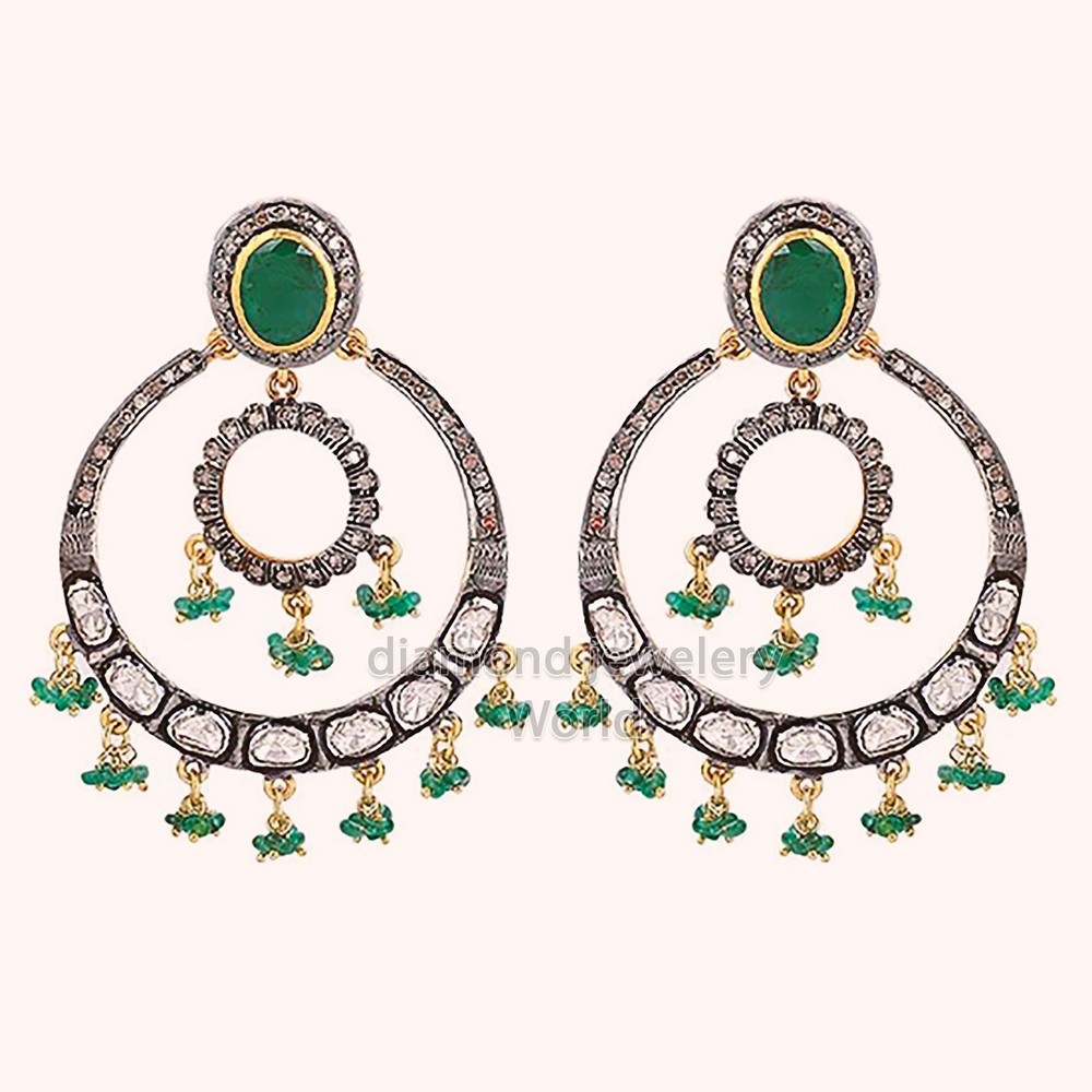 2.90ctw Genuine Rose Antique Cut Diamond Emerald Silver Vintage Stunning Earring