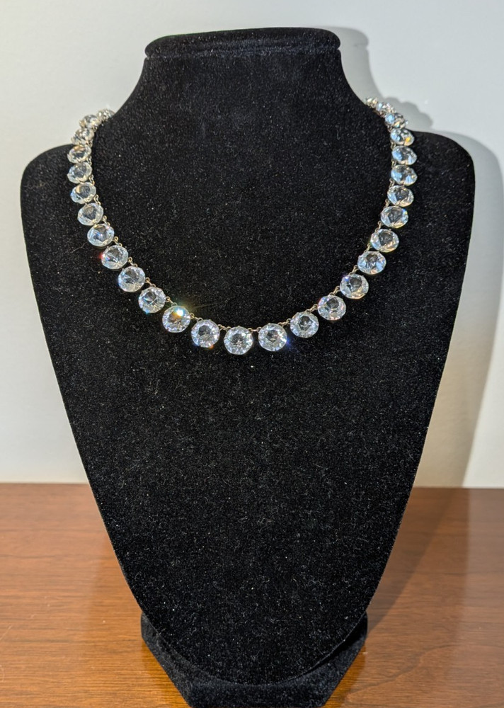 Vtg Art Deco Sterling Silver Clear Paste Riviere Choker Necklace 15″ Pristine