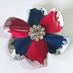 Vintage Metal Flower Brooch w White Rhinestone Center & Red Blue White Petals