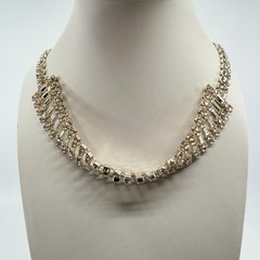 Vintage Mid Century Clear Rhinestone Baguette Choker Necklace Silver Tone Wide