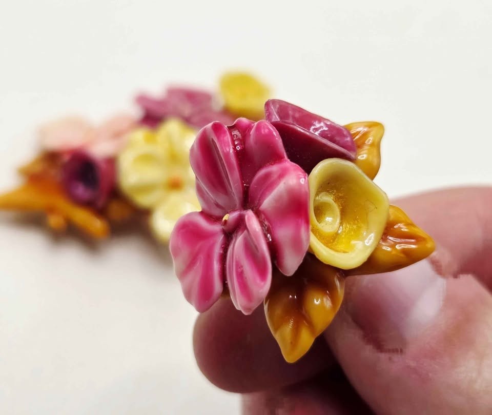 Vintage Celluloid Pansy Flower Brooch and Clip Earrings, 1930s-40s Floral Set.