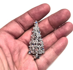 Vintage Silver Tone – Pink & Blue Rhinestone Christmas Tree Pin / Brooch