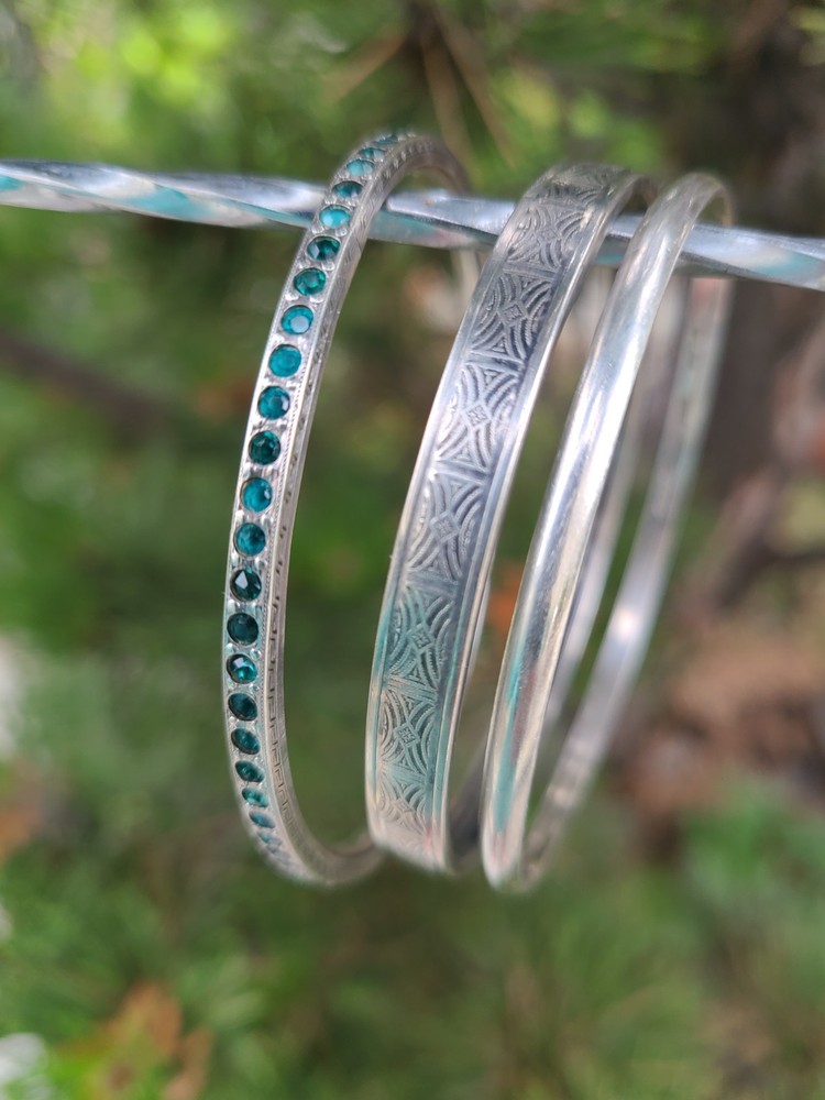 3 Vintage BEAU & MEXICO Sterling Silver 925 Bangle Bracelet Lot Teal Rhinestones