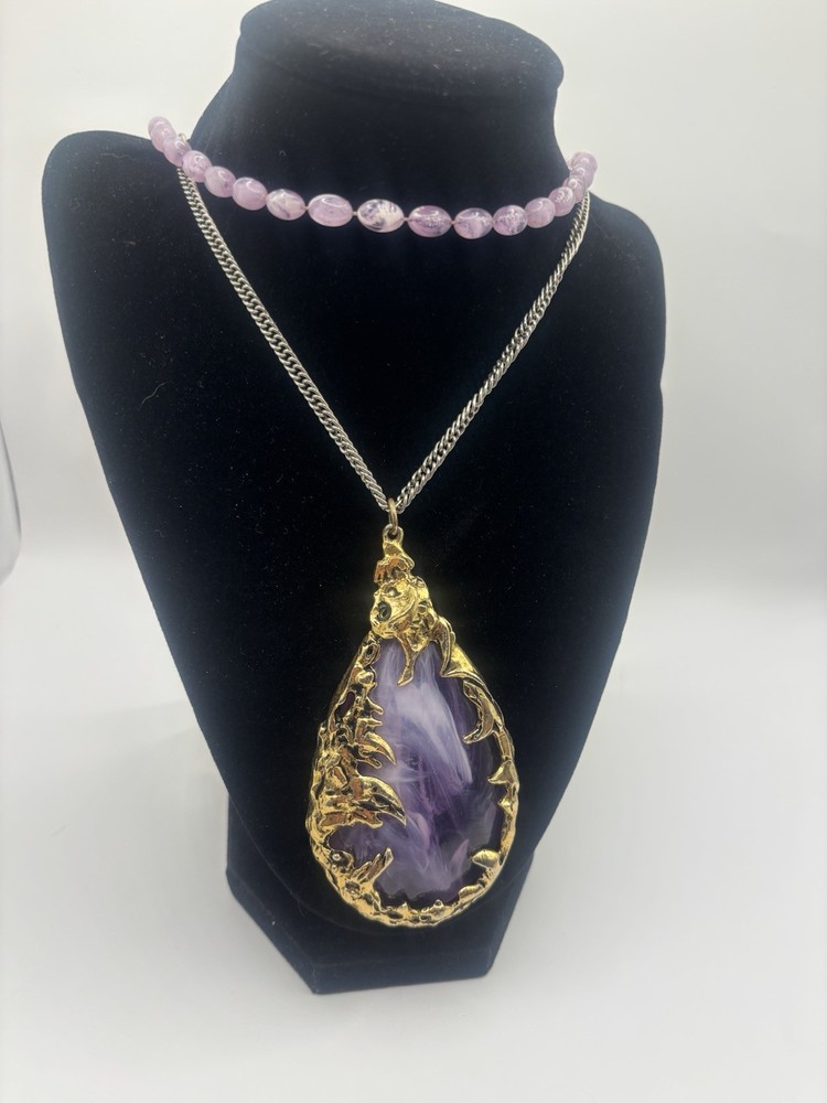 Vintage 1960s Brutalist The Love Witch Style Purple Lucite Gold Tone Pendant