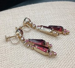 Victorian Revival Pink Purple Rhinestone Earrings Gold Tone Tassel Screw Back