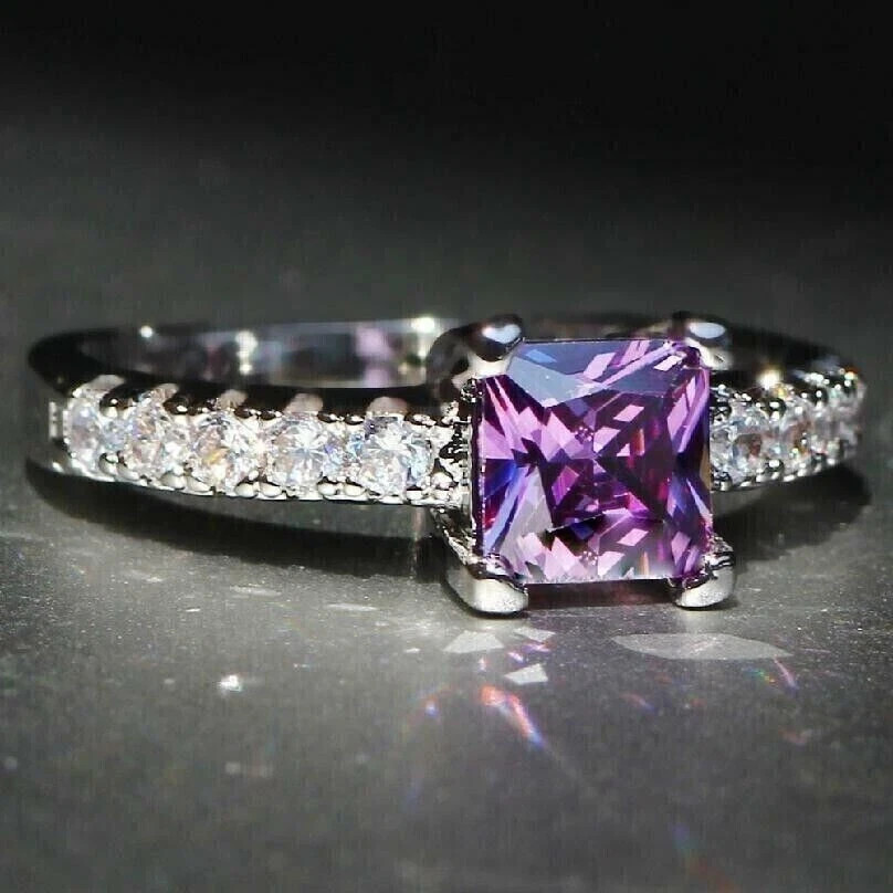 1CT Princess Cut Lab-Created Amethyst Engagement Ring 14K White Gold Plated