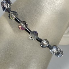 Smoky Gray Glass Bracelet Stretch Aurora Borealis Coated Faceted Tube Spacers