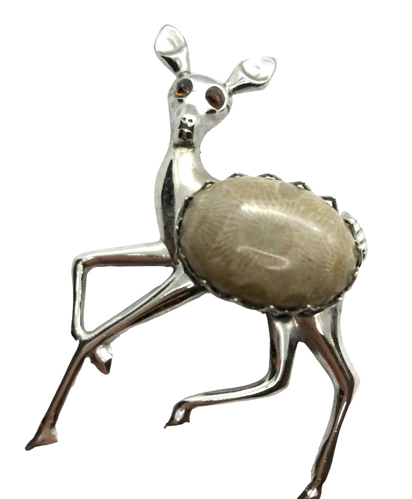 Vtg Deer Brooch Pin Rhinestone Eyes Fossil Cabochon Woodland Animal silvertone