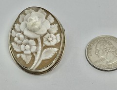 Vintage Carved Shell Rose Cameo Brooch Pendant High Relief 800 Silver Frame