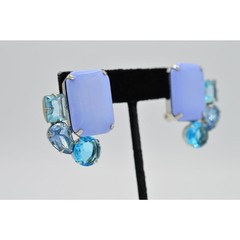 Vintage Cabochon Clip On Earrings Multi Blue Rhinestone Crystal Bezel 1980s W5