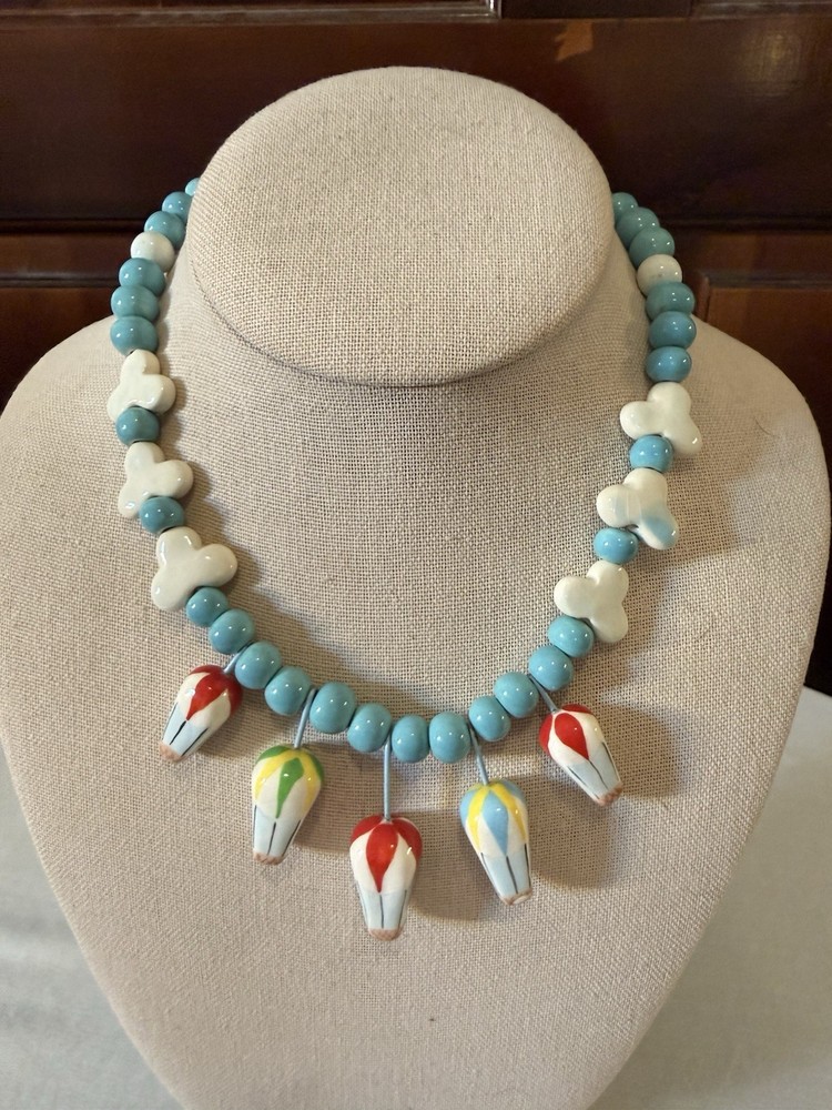 Flying Colors Ceramic Hot Air Balloon Necklace Vintage Hand-Painted 16″ Rare!