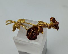 Vintage Long Stem Rose Flower Ruby Stone 18K Yellow Gold Enamel Brooch Pin Lapel