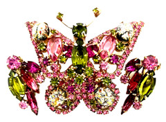 Vintage Juliana Butterfly Brooch & Earrings ~ Fushia & Olive with Easter Eggs