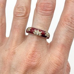Vintage Sterling Silver 925 Dark Red Enamel CZ Crystal Ring Lotus Flower Size 7