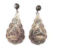 Vintage Taxco 925 Silver and Abalone Inlay Artisan Crafted Drop Earrings