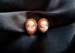 Vintage CROWN TRIFARI 1960s Gold Toned Orange and Ivory Cameo Clip On Earrings