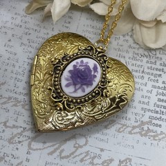 Gold Heart Locket Birthday Anniversary Wedding Purple White Rose Cameo Necklace