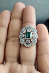 Art Deco Style Lab Created Diamond & Emerald Anniversary 14K White Gold FN Ring