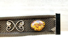 Metal Mesh Bracelet Lucite Foil Faux-Opal Cabochons Silvertone Vintage 60s