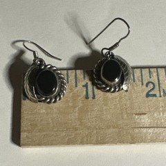 Vintage Nickel Silver Black Onyx?? Stone Dangle Dangling Hook Earrings