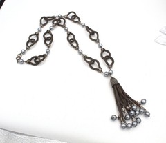 Gun Metal Link Woven Chain Link Gray Faux Pearl Fringe Long Pendant Necklace