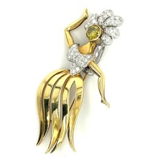 18k Two-Tone Gold Vintage Hula Dancer Brooch w/ Irradiated Diamond