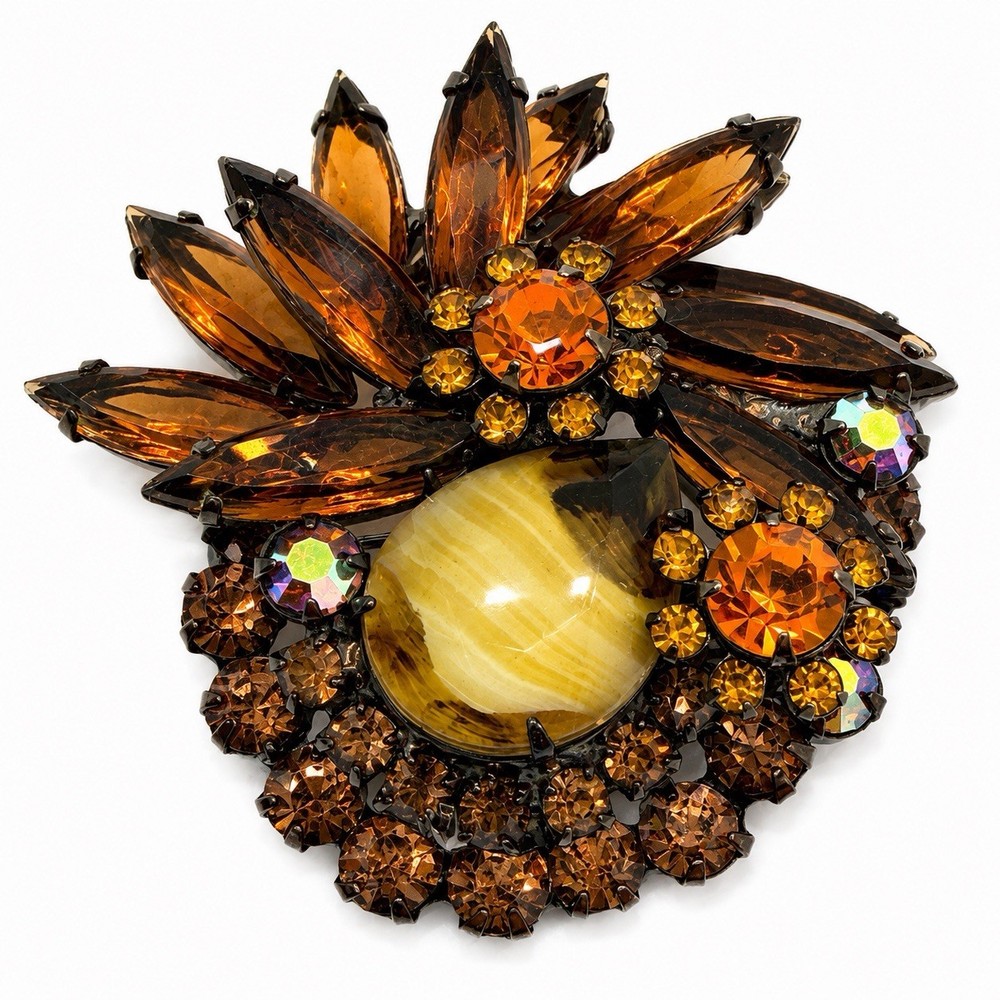 Vintage D&E Juliana Japanned Amber Art Glass AB Rhinestone Floral Brooch Pin VTG