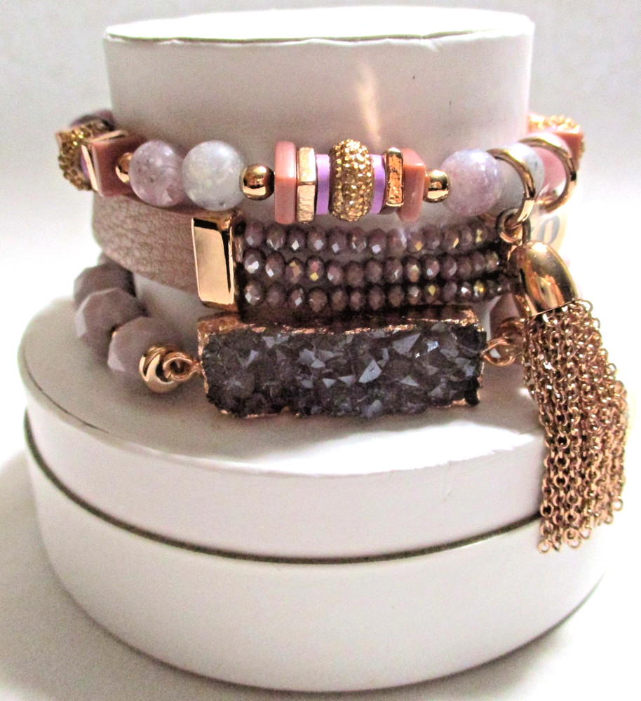 BOMB PARTY NATURALLY YOURS BRACELET STACK RBP4740 ROSE GOLD DRUZY TASSEL RETRO