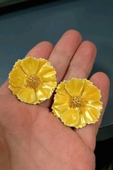 Vintage Flower Clip On Earrings Yellow Enamel Layered 1.25″