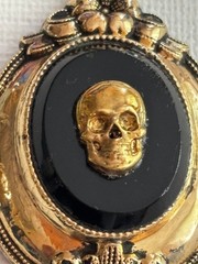 Antique Edwardian Memento Mori Brass Gold Plated Skull Black Stone Pendant