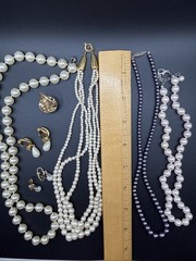 Vtg Gold Tone Faux Pearl Lot Of 7 Necklace Multi Strand Earrings Ring Unsigned