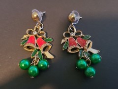 Vtg Christmas Bells Pierced post Earrings Dangle Balls Red Green Grannycore