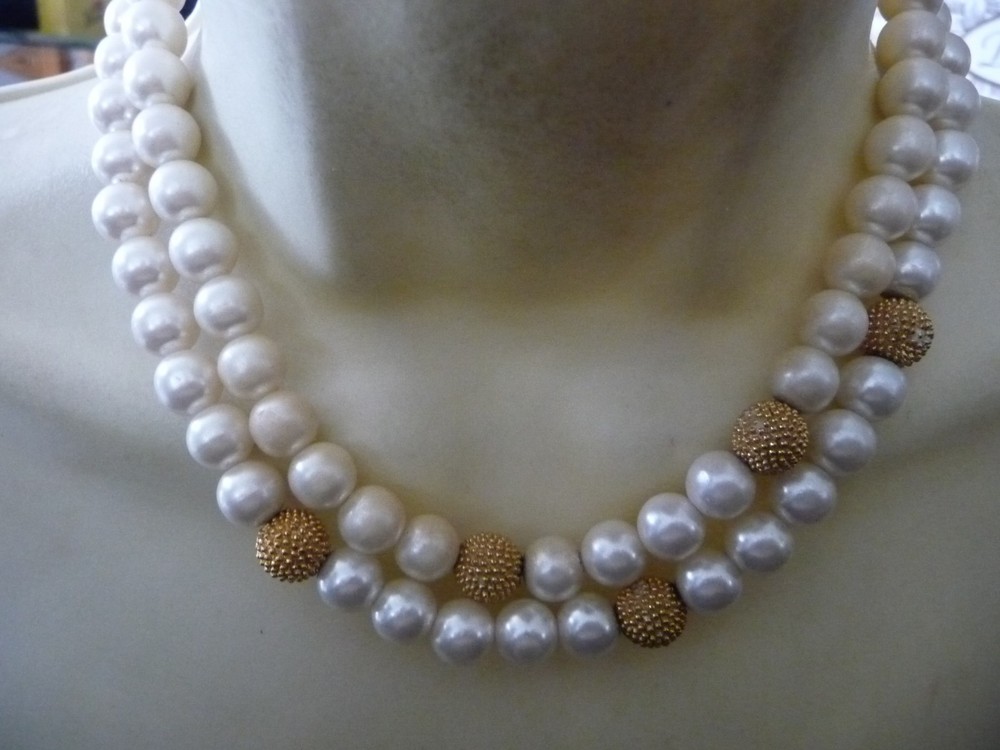 SIGNED E. PEARL 2 ROWS FAUX PEARLS & GOLD TONE BEADS 7”L COLLAR NECKLACE #32/5