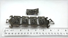 Silver Blue Stone Bracelet Lapis Pearl Vtg Ornate Brutalist Panel Mixed Metals