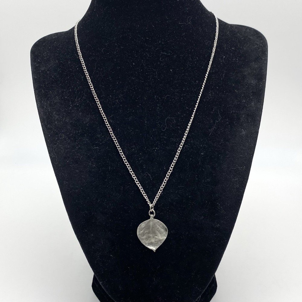 Vintage Necklace Leaf Pendant Bergamot Brass Works Silver Tone 1970s