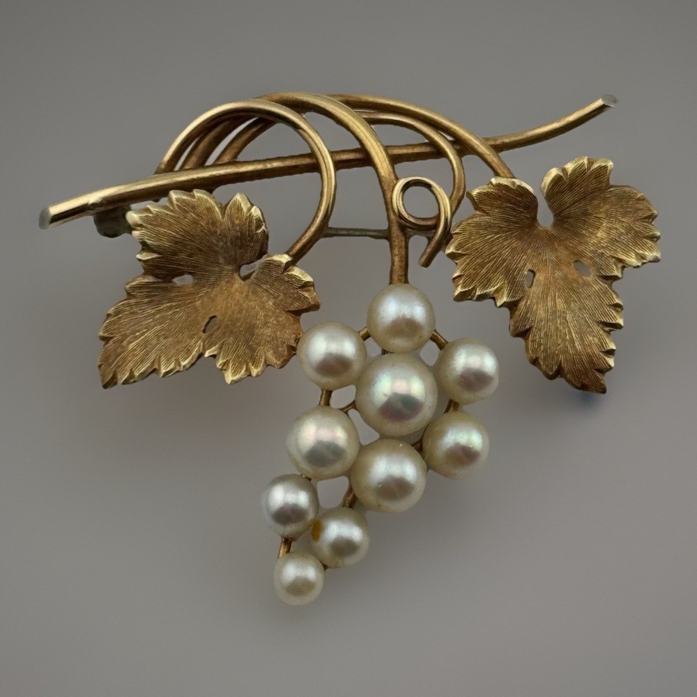 Vintage Krementz Pearl Grapes Leaf Brooch Gold Tone